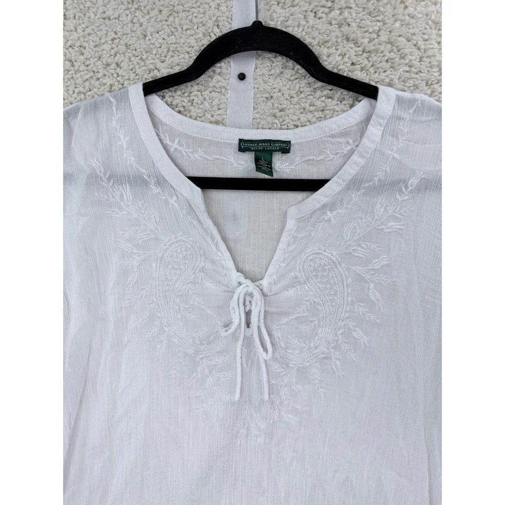 Lauren Ralph Lauren Peasant Blouse Womens L White Embroidered Cotton - Picture 3 of 10